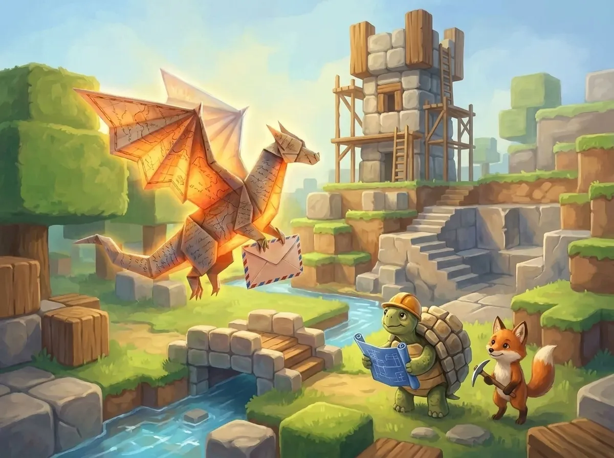 A sunny world of chunky stone and grass blocks, with a half-built tower, a tortoise in a hard hat, a fox kit with a pickaxe, and the paper dragon