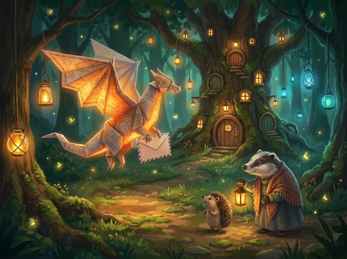 A lantern-lit forest path leading to a giant tree village, where a badger and a hedgehog greet the paper dragon