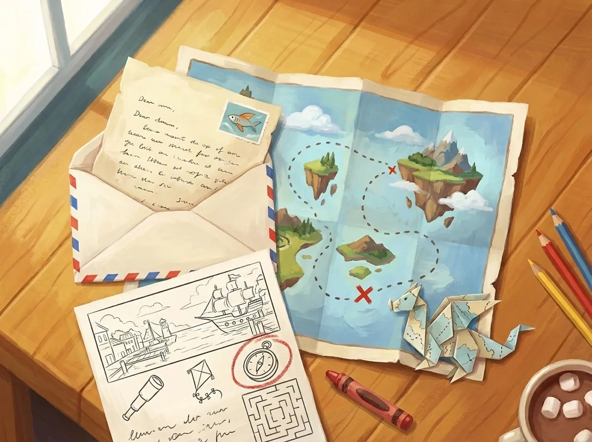 An opened airmail envelope with a handwritten letter, a fold-out map of the sky islands, and a field page of puzzles with one choice circled in red crayon